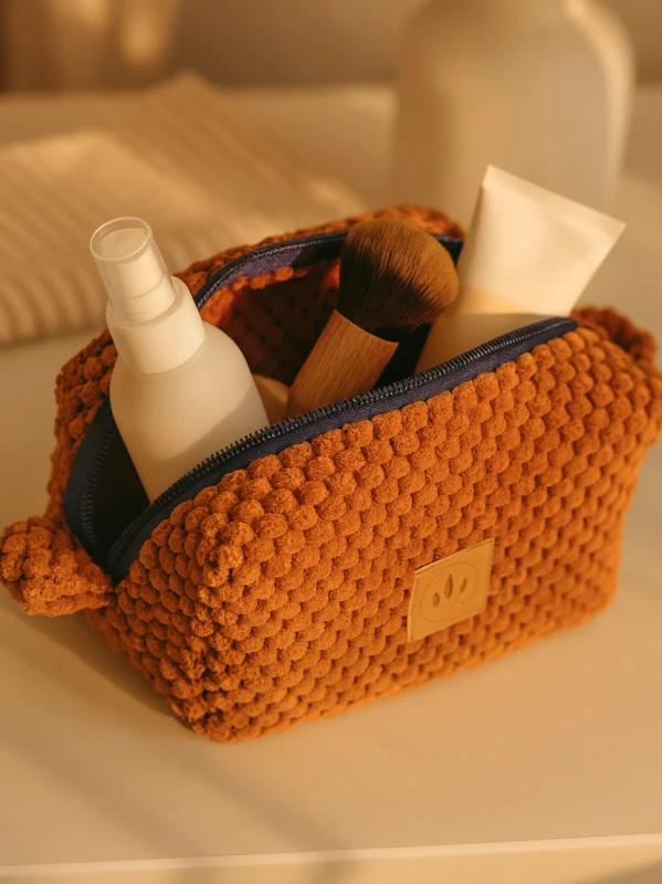 Ręcznie robiona kosmetyczka damska w ciepłym rudym kolorze. Stylowy i funkcjonalny dodatek idealny do torebki, na kosmetyki i drobiazgi lub w podróży