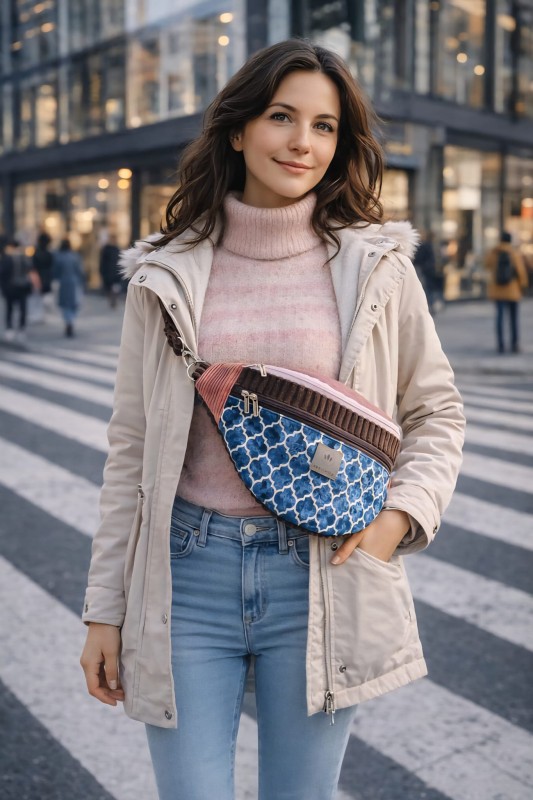 Kolorowa torebka nerka o geometrycznym wzorze, wykonana z wysokiej jakości tkanin. Stylowa i funkcjonalna, idealna do miejskich stylizacji. Regulowany pasek, praktyczne zapięcie i nowoczesny design