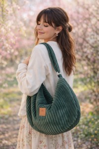 Zielona sztruksowa torba typu hobo o miękkiej formie i minimalistycznym designie. Stylowa, pojemna i wygodna na co dzień, idealna do miejskich i wiosennych stylizacji. Naturalny materiał, modny kolor.