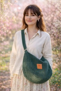 Zielona sztruksowa torba typu hobo o miękkiej formie i minimalistycznym designie. Stylowa, pojemna i wygodna na co dzień, idealna do miejskich i wiosennych stylizacji. Naturalny materiał, modny kolor.