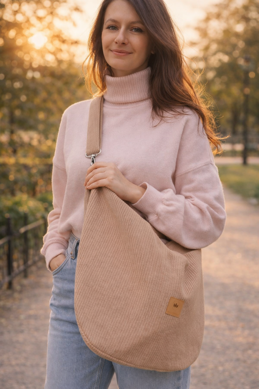 Beżowa, miękka torba typu worek ze sztruksu, noszona na ramieniu. Minimalistyczny design, lekka i pojemna, idealna do codziennych stylizacji miejskich i casualowych.
