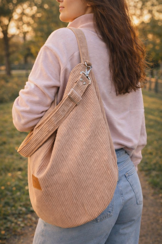 Beżowa, miękka torba typu worek ze sztruksu, noszona na ramieniu. Minimalistyczny design, lekka i pojemna, idealna do codziennych stylizacji miejskich i casualowych.