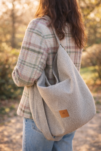 Stylowa, jasnobeżowa torebka typu hobo z naturalnej tkaniny. Minimalistyczny design, lekka i pojemna, idealna na co dzień i spacery. Ponadczasowa elegancja w stylu lifestyle &amp;slow  fashion.