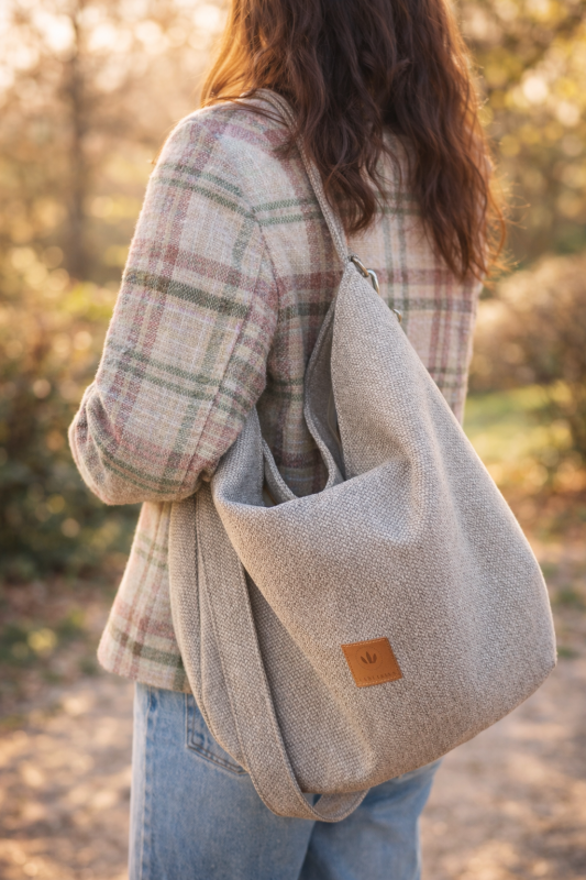 Stylowa, jasnobeżowa torebka typu hobo z naturalnej tkaniny. Minimalistyczny design, lekka i pojemna, idealna na co dzień i spacery. Ponadczasowa elegancja w stylu lifestyle &amp;slow  fashion.