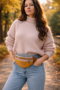 Zamszowa nerka damska w kolorze musztardowego brązu, z regulowanym paskiem i praktycznymi kieszeniami na zamek. Stylowa, miękka w dotyku, idealna do miejskich i casualowych stylizacji.