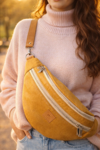 Stylowa nerka XL z nubuku w ciepłym miodowym odcieniu. Miękka, trwała faktura, modny półokrągły kształt i regulowany pasek. Idealna do miejskich i casualowych stylizacji, łączy funkcjonalność z nowoczesnym designem.