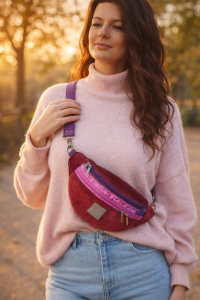 Kolorowa welurowa nerka o modnym półokrągłym kształcie, z regulowanym paskiem. Miękka faktura, bordowy kolor z różowymi akcentami i praktyczne kieszenie czynią ją stylowym dodatkiem lifestyle na co dzień.