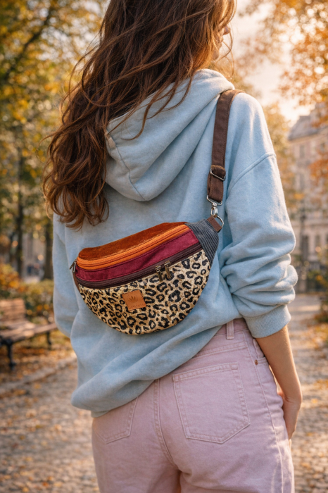 Kolorowa, pojemna nerka z regulowanym paskiem, wykonana z wytrzymałych tkanin. Modny wzór panterki, praktyczne kieszenie na zamek. Idealna na co dzień, spacery i podróże.