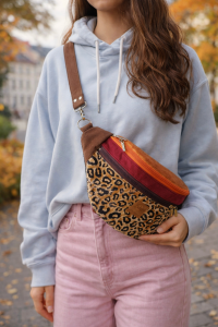 Kolorowa, pojemna nerka z regulowanym paskiem, wykonana z wytrzymałych tkanin. Modny wzór panterki, praktyczne kieszenie na zamek. Idealna na co dzień, spacery i podróże.