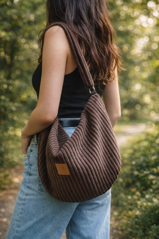 Sztruksowa torba hobo w ciepłym brązowym kolorze. Miękka, lekka i pojemna, idealna na co dzień. Modny fason,  naturalna faktura sztruksu – stylowy dodatek do miejskich i casualowych stylizacji.