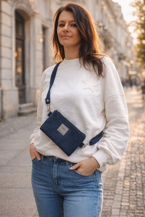 Czarna sztruksowa saszetka na telefon – stylowa i funkcjonalna. Lekka, wygodna do noszenia na co dzień, z regulowanym paskiem. Idealna na spacer, zakupy i podróże. Modny dodatek do każdej stylizacji.