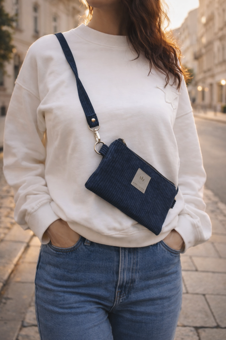 Czarna sztruksowa saszetka na telefon – stylowa i funkcjonalna. Lekka, wygodna do noszenia na co dzień, z regulowanym paskiem. Idealna na spacer, zakupy i podróże. Modny dodatek do każdej stylizacji.