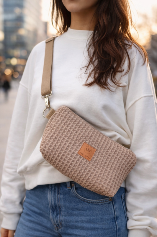 Waflowa torebka crossbody w kolorze beżowym – lekka, stylowa i praktyczna. Miękka faktura, regulowany pasek i nowoczesny design idealne na co dzień, spacery po mieście i stylizacje casual oraz lifestyle.