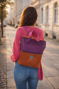 Stylowy plecak 2w1 damski w modnym wydaniu: fioletowo-pomarańczowy, wykonany z miękkiego weluru i sztruksu. Funkcja plecaka i torby, wygodne uchwyty, idealny na co dzień, do miasta i stylizacji lifestyle.