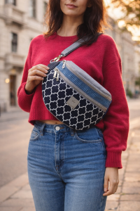 Stylowa nerka XL z geometrycznym wzorem w kolorze granatowo-białym. Pojemna, wygodna i praktyczna, z regulowanym paskiem i solidnymi zamkami. Idealna na co dzień, spacery i miejskie stylizacje.