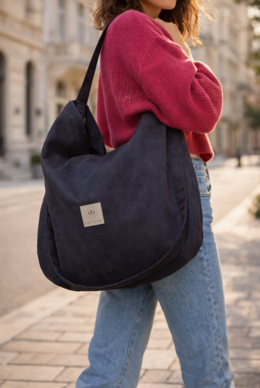 Czarna zamszowa torba hobo o miękkiej formie i eleganckim charakterze. Stylowa, pojemna i wygodna na ramię – idealna do codziennych i miejskich stylizacji. Ponadczasowy design i wysoka jakość wykonania.