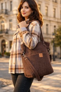 Stylowa sztruksowa torba damska w ciepłym brązowym kolorze. Miękka, pojemna, z regulowanym paskiem – idealna na co dzień i do miejskich stylizacji. Modny dodatek w stylu lifestyle i streetwear.