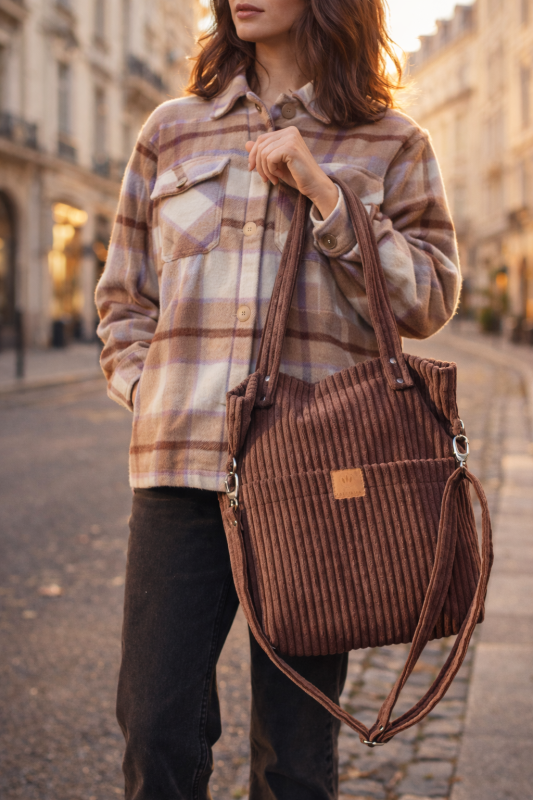 Stylowa sztruksowa torba damska w ciepłym brązowym kolorze. Miękka, pojemna, z regulowanym paskiem – idealna na co dzień i do miejskich stylizacji. Modny dodatek w stylu lifestyle i streetwear.
