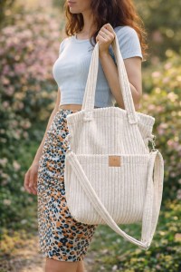 Jasna sztruksowa shopperka o miękkiej fakturze i pojemnym wnętrzu. Stylowa torba na ramię i crossbody, idealna na co dzień, spacery i zakupy. Naturalny kolor, minimalistyczny design, modny styl lifestyle.