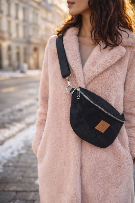 Elegancka zamszowa torebka nerka w kolorze czarnym, stylowa i praktyczna. Minimalistyczny design, regulowany pasek, solidny zamek. Idealna na co dzień i do miejskich stylizacji.