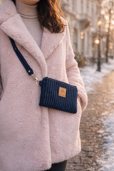 Sztruksowa saszetka na telefon w eleganckim czarnym kolorze. Miękka faktura, poręczny rozmiar i minimalistyczny design sprawiają, że idealnie sprawdzi się na co dzień i w podróży.