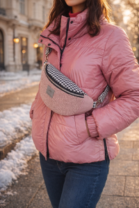 Różowa nerka o półokrągłym kształcie, wykonana z miękkiej, strukturalnej tkaniny. Posiada czarny zamek, regulowany pasek we wzór pepitki oraz metalowe detale. Noszona na skos, stylowa i praktyczna.