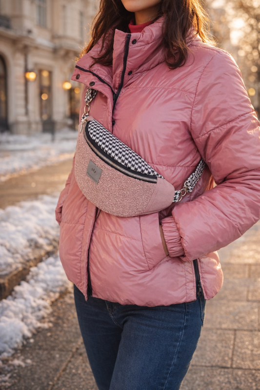 Różowa nerka o półokrągłym kształcie, wykonana z miękkiej, strukturalnej tkaniny. Posiada czarny zamek, regulowany pasek we wzór pepitki oraz metalowe detale. Noszona na skos, stylowa i praktyczna.