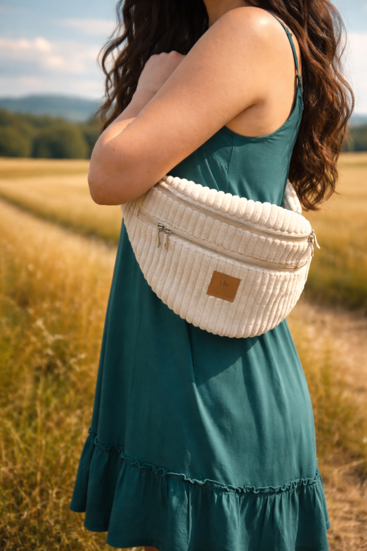 Duża sztruksowa nerka w kolorze kremowym – modna i praktyczna. Miękka faktura, pojemne wnętrze i regulowany pasek sprawiają, że idealnie sprawdzi się na co dzień, w podróży i na spacerze.