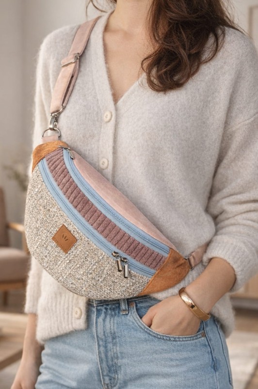 Duża nerka z tweedowej tkaniny w pastelowych kolorach z  regulowanym paskiem. Stylowa, pojemna i wygodna, idealna do miejskich i podróżnych stylizacji casualowych.