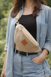 Beżowa nerka w rozmiarze basic, wykonana z przyjemnej w dotyku plecionki i jasnego zamszu. Regulowany pasek i skórzana naszywka z logo nadają jej naturalny, minimalistyczny charakter.