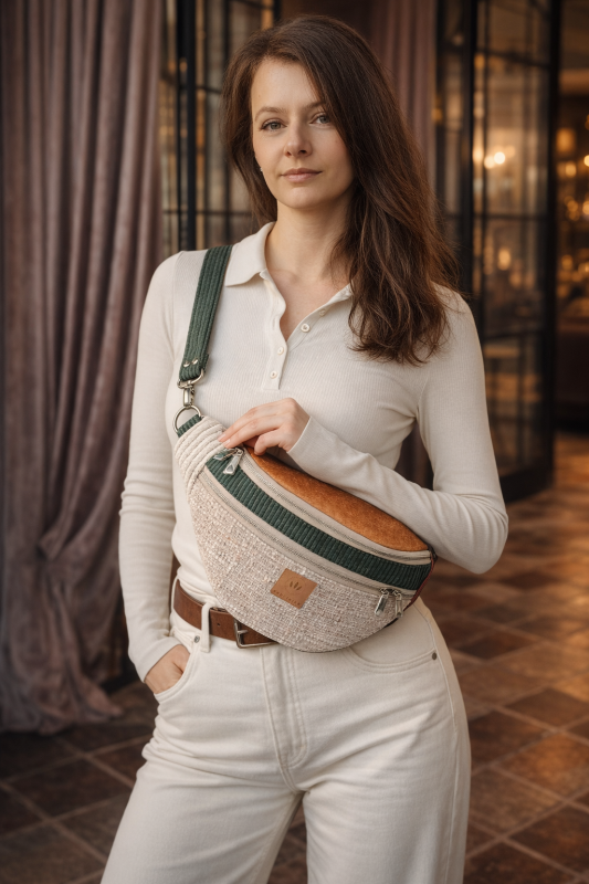 Duża nerka z tweedowej tkaniny w pastelowych kolorach z  regulowanym paskiem. Stylowa, pojemna i wygodna, idealna do miejskich i podróżnych stylizacji casualowych.