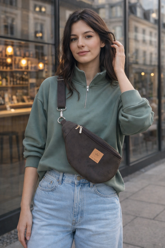 Czekoladowa zamszowa nerka to stylowy i praktyczny dodatek na co dzień. Miękka faktura, modny fason i wygodny pasek sprawiają, że idealnie sprawdzi się w miejskich stylizacjach, zapewniając komfort noszenia i elegancki wygląd.