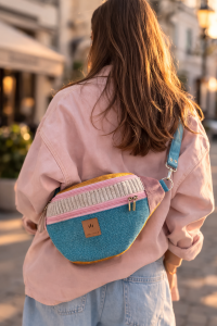 Wiosenna nerka XL w pastelowych kolorach – turkus, róż i żółty akcent. Pojemna, lekka i wygodna torba na ramię lub biodra. Idealna na spacer, miasto i podróże. Stylowy dodatek do wiosennych stylizacji, łączący funkcjonalność z modnym designem.