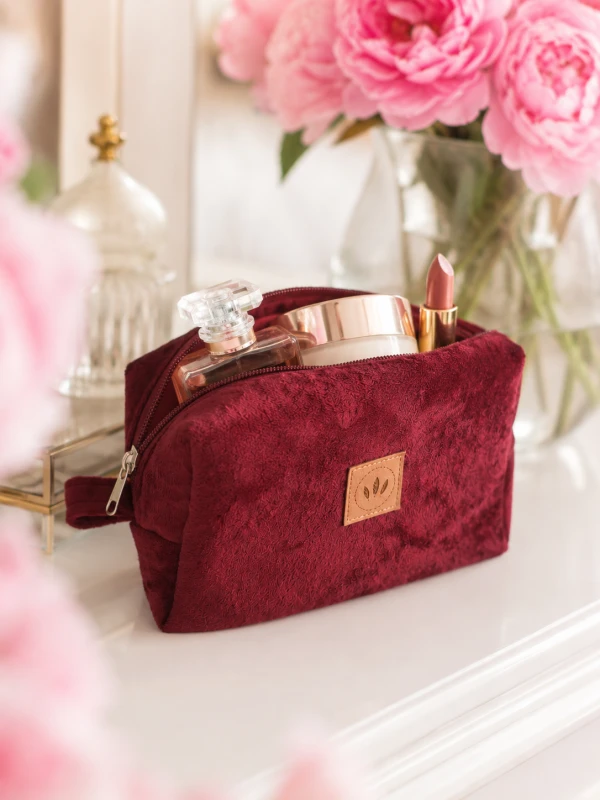 Elegancka kosmetyczka z miękkiego weluru w kolorze bordowym to stylowy i praktyczny organizer na kosmetyki. Pojemna, lekka i przyjemna w dotyku, idealna do domu i podróży. Doskonała na kosmetyki, akcesoria i drobiazgi.
