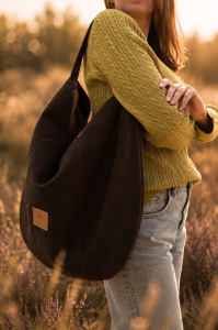 Zamszowa torba hobo w kolorze czekoladowego brązu, lekka i stylowa. Pojemna forma, minimalistyczny design i naturalna faktura sprawiają, że idealnie uzupełnia codzienne i letnie stylizacje.