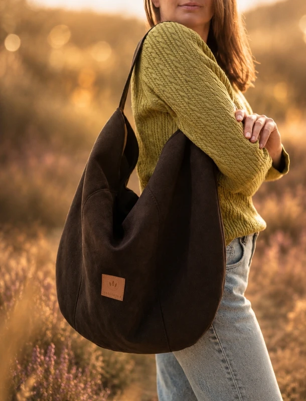 Zamszowa torba hobo w kolorze czekoladowego brązu, lekka i stylowa. Pojemna forma, minimalistyczny design i naturalna faktura sprawiają, że idealnie uzupełnia codzienne i letnie stylizacje.