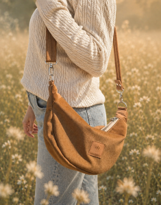 Miękka torebka crossbody w kolorze orzecha laskowego z tkaniny typu wool look. Przytulna, szlachetna i  pięknie układa się na sylwetce. Wyjątkowy materiał łączy wygląd wełny z wysoką odpornością na codzienne użytkowanie.