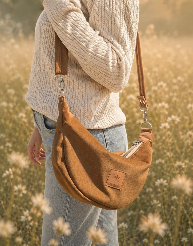 Miękka torebka crossbody w kolorze orzecha laskowego z tkaniny typu wool look. Przytulna, szlachetna i  pięknie układa się na sylwetce. Wyjątkowy materiał łączy wygląd wełny z wysoką odpornością na codzienne użytkowanie.