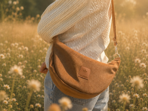 Miękka torebka crossbody w kolorze orzecha laskowego z tkaniny typu wool look. Przytulna, szlachetna i  pięknie układa się na sylwetce. Wyjątkowy materiał łączy wygląd wełny z wysoką odpornością na codzienne użytkowanie.