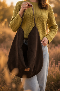 Zamszowa torba hobo w kolorze czekoladowego brązu, lekka i stylowa. Pojemna forma, minimalistyczny design i naturalna faktura sprawiają, że idealnie uzupełnia codzienne i letnie stylizacje.
