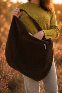 Zamszowa torba hobo w kolorze czekoladowego brązu, lekka i stylowa. Pojemna forma, minimalistyczny design i naturalna faktura sprawiają, że idealnie uzupełnia codzienne i letnie stylizacje.