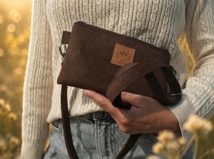 Welurowa mini saszetka na telefon w brązowym kolorze – lekka, miękka i stylowa. Idealna na telefon, karty i drobiazgi. Regulowany pasek zapewnia wygodne noszenie na co dzień, spacer, zakupy i podróż.